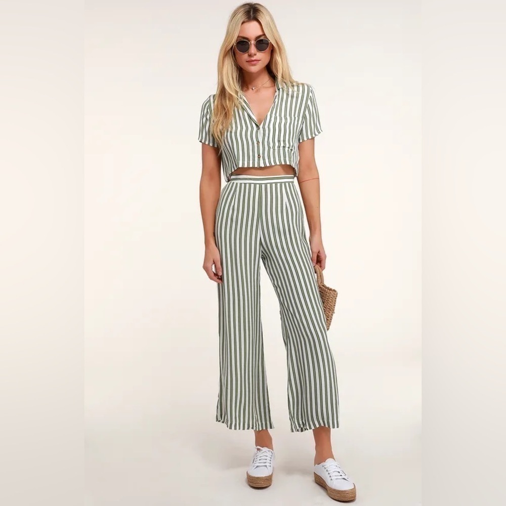 Faithfull the Brand Green and White Striped Wide Leg Pants